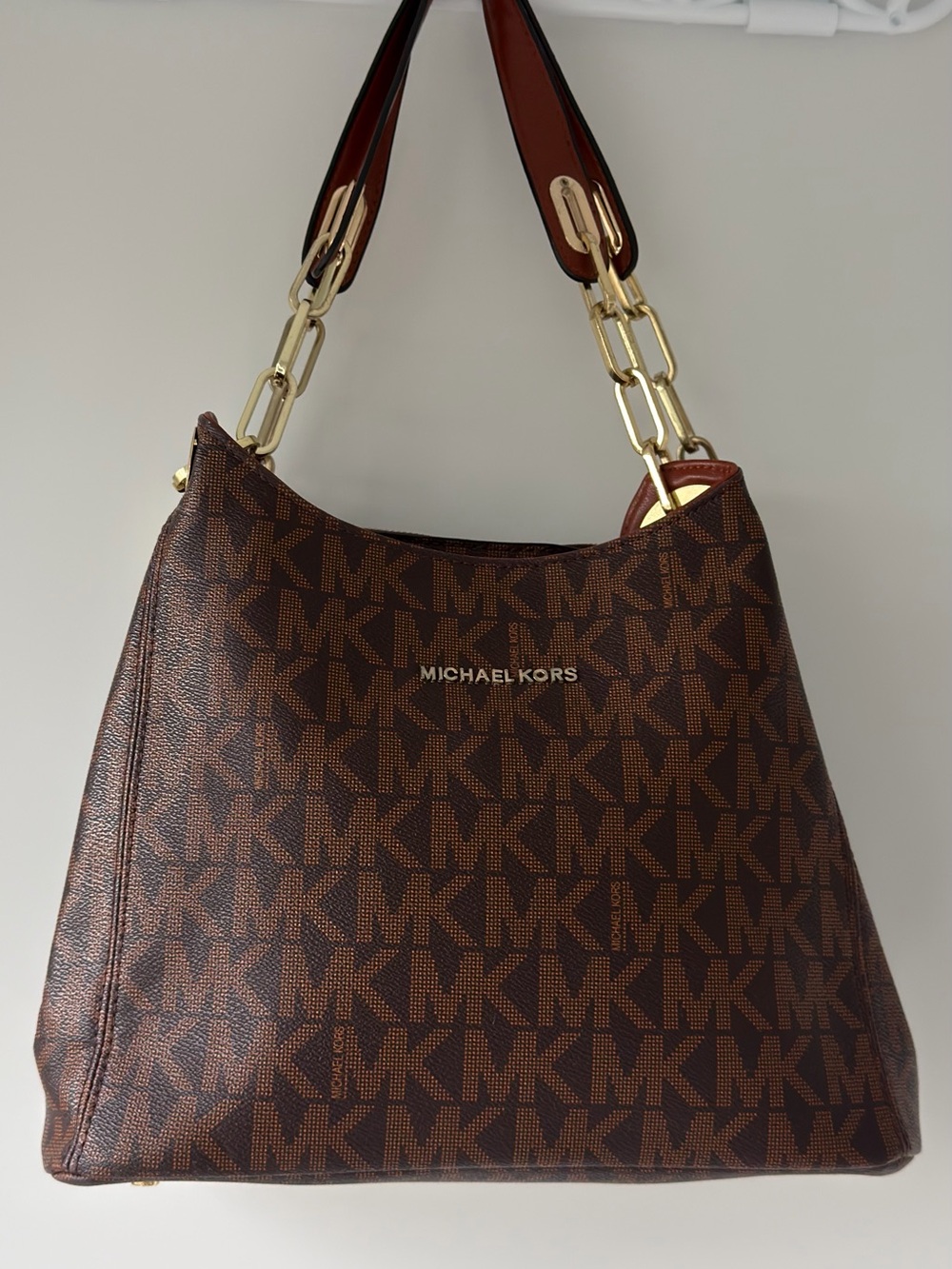 Michael Kors Brown MK Monogram Shoulder Bag with Gold Hardware